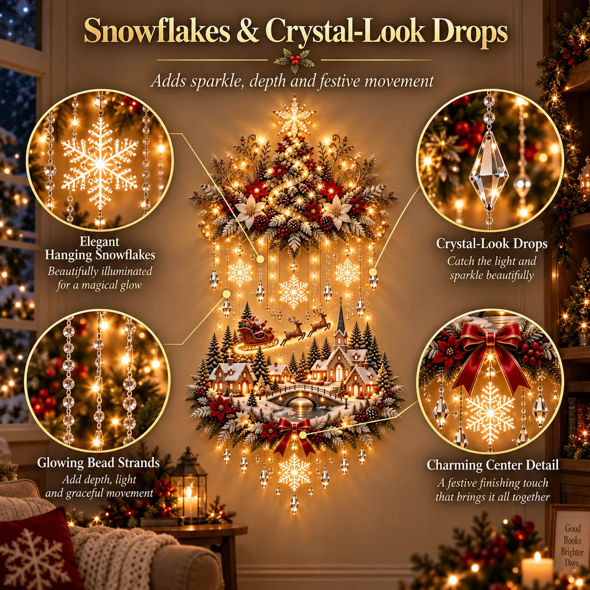 🎄 Enchanted Christmas Village Wall Decor with Cascading Warm Lights ✨ Cozy Holiday Tree Display for Living Rooms, Entryways & Staircases