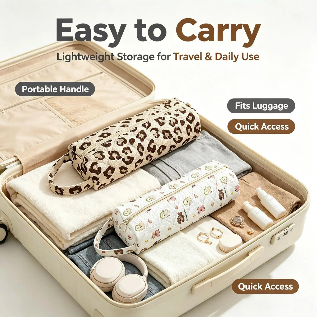 Quilted Travel Makeup Pouch 🎒 – Zippered Organizer with Carry Handle