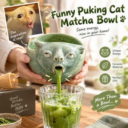 🐈 Funny Puking Cat Matcha Bowl – Quirky Tea Accessory