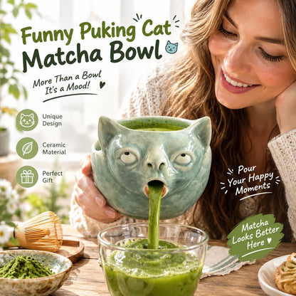 🐈 Funny Puking Cat Matcha Bowl – Quirky Tea Accessory