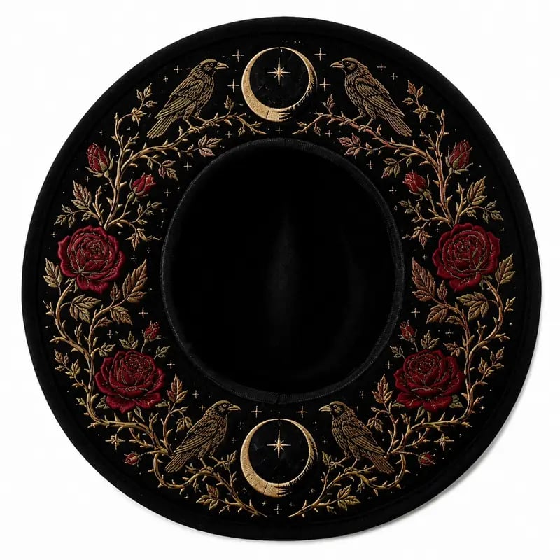 🖤 Gothic Embroidered Wide Brim Fedora Hat | Black Felt Design with Detailed Underside Embroidery in 7 Witchy, Celestial & Halloween Styles 🌙