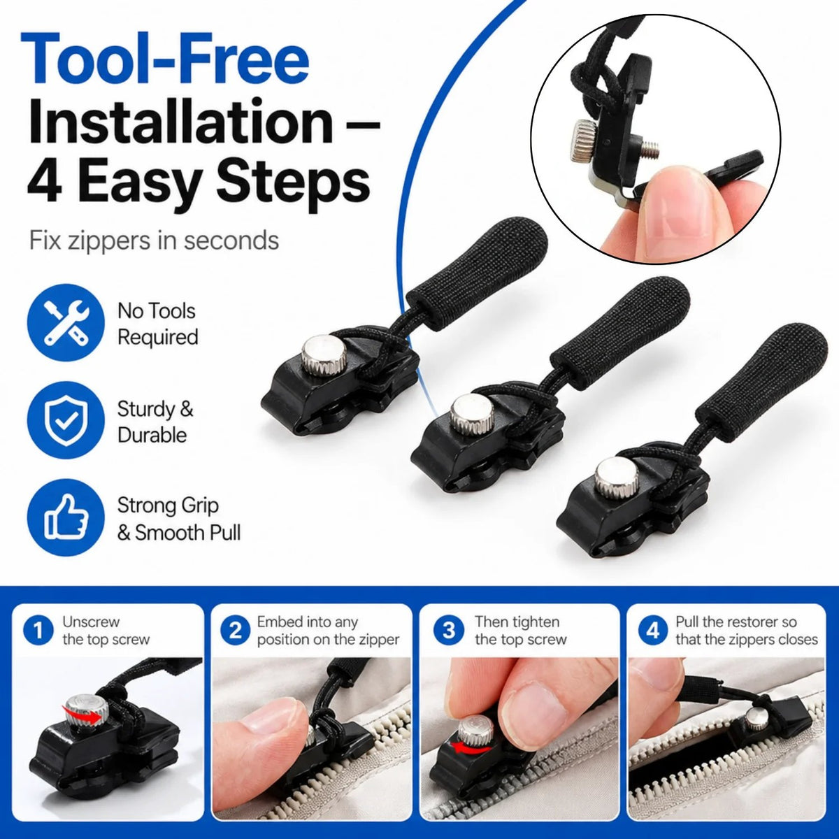 Zip Rescue Kit 🔧 15-Piece Universal Instant Zipper Fix in 3 Sizes