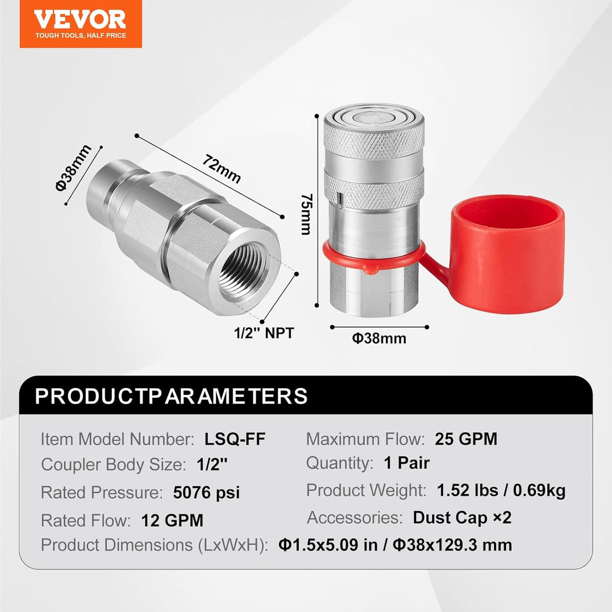 💯VEVOR 1/2" Flat Face Hydraulic Couplers, 1/2" NPT Skid Steer Hydraulic Quick Connect Couplers with 2 Dust Caps (ISO16028)