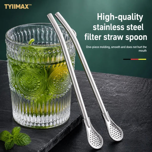 2-in-1 Stainless Steel Straw Spoons 🥄 – 2 Straws & 2 Cleaning Brushes