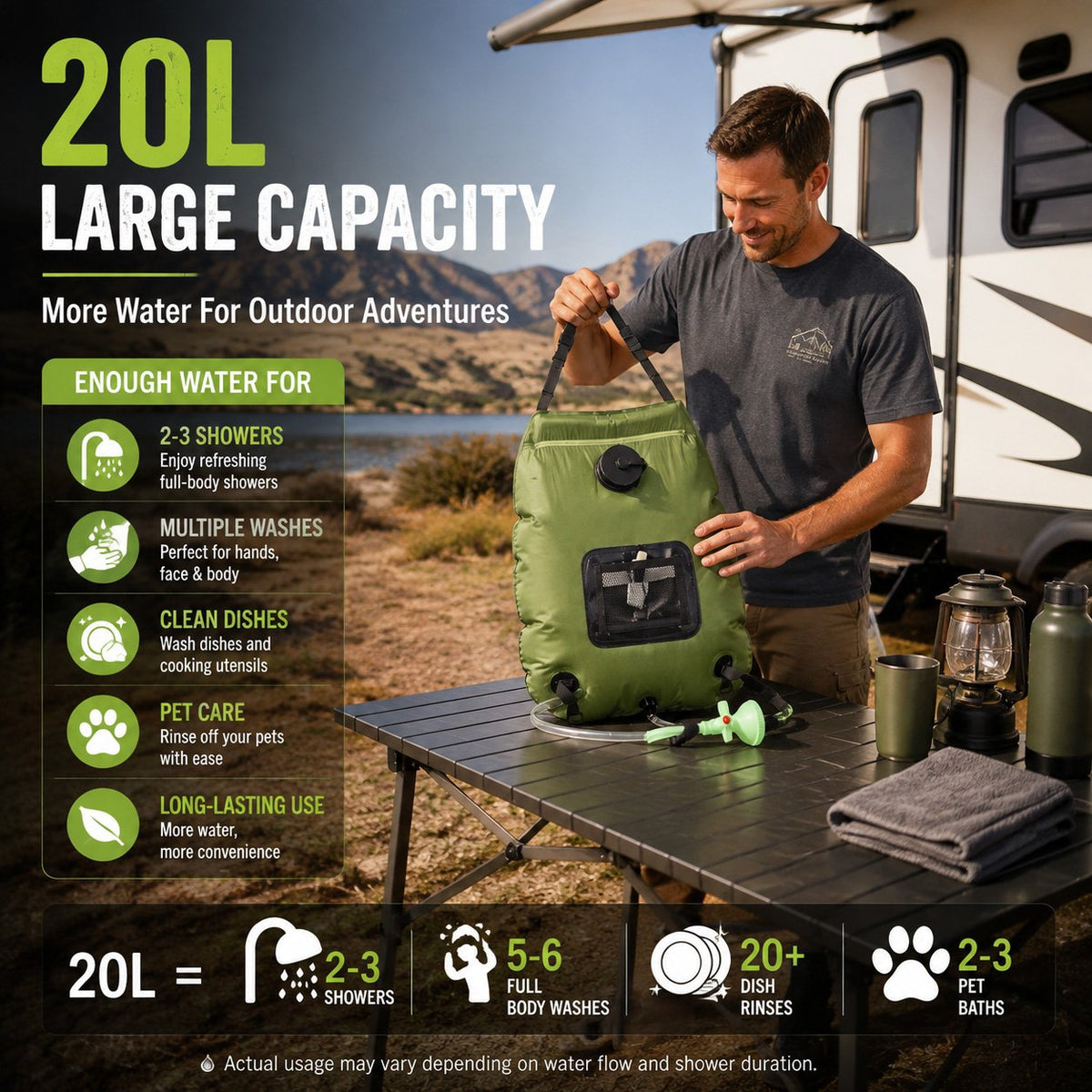 ☀️ Portable Solar-Heated Camp Shower Bag with Easy-Carry Handle – Outdoor Wash Kit, Green 🚿