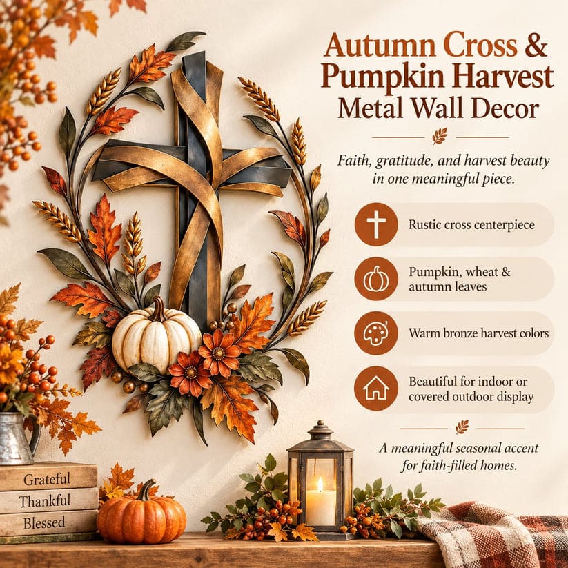 Autumn Cross And Pumpkin Harvest Metal Wall Decor