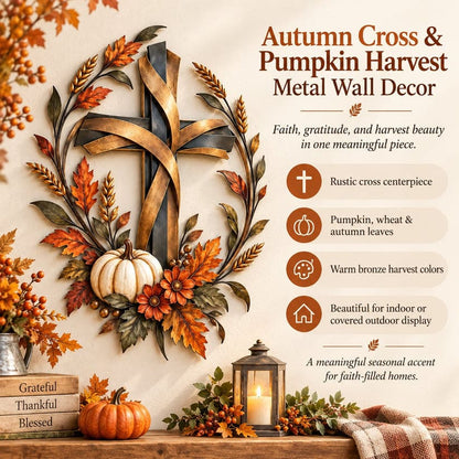 Autumn Cross And Pumpkin Harvest Metal Wall Decor