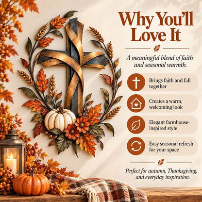 Autumn Cross And Pumpkin Harvest Metal Wall Decor
