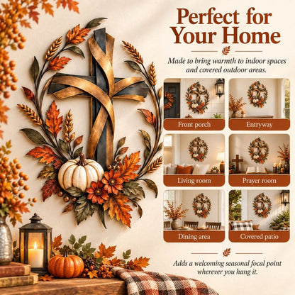 Autumn Cross And Pumpkin Harvest Metal Wall Decor