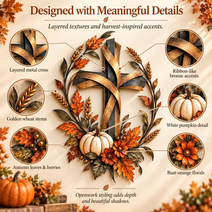 Autumn Cross And Pumpkin Harvest Metal Wall Decor