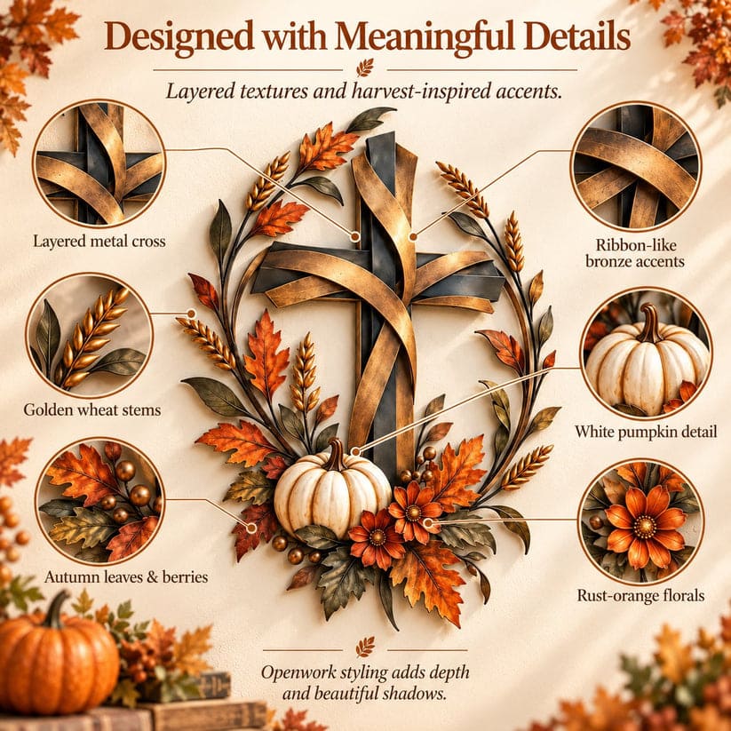 Detail guide showing the layered metal cross, bronze accents, wheat, cream pumpkin, leaves, berries and orange flowers