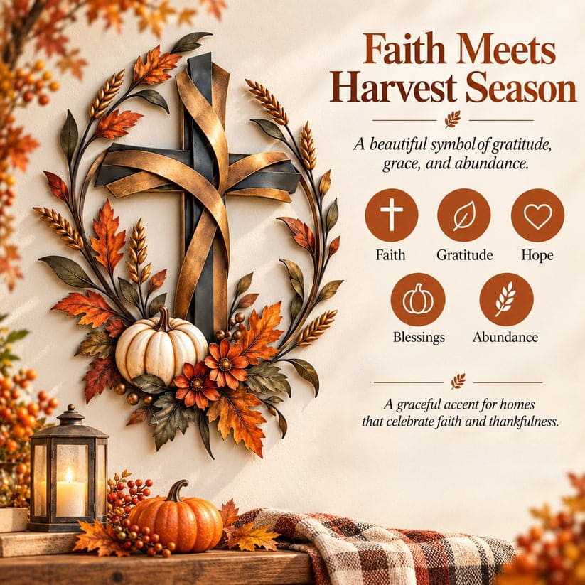 Autumn Cross And Pumpkin Harvest Metal Wall Decor
