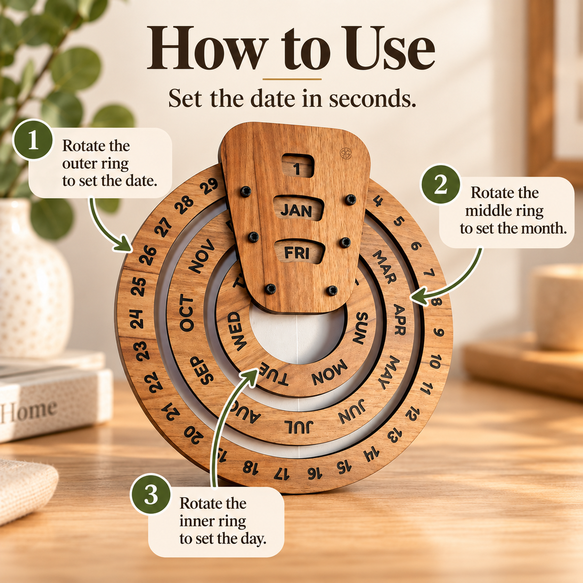 📅 Everlasting Wooden Calendar – Reusable Desk Organizer for Home or Office Decor