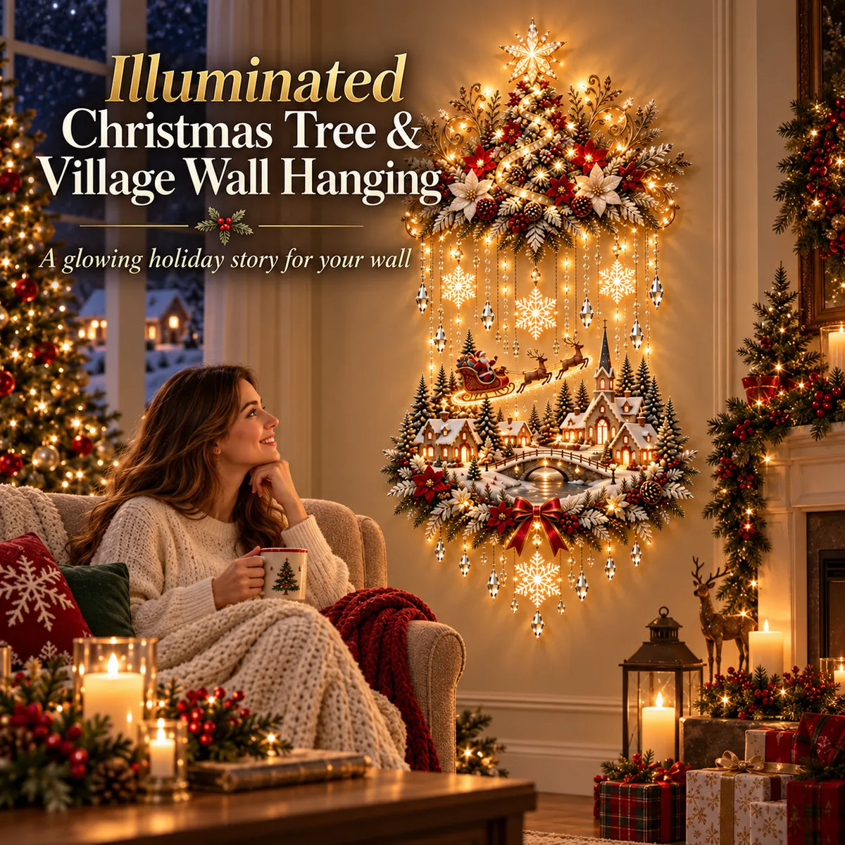 🎄 Enchanted Christmas Village Wall Decor with Cascading Warm Lights ✨ Cozy Holiday Tree Display for Living Rooms, Entryways & Staircases