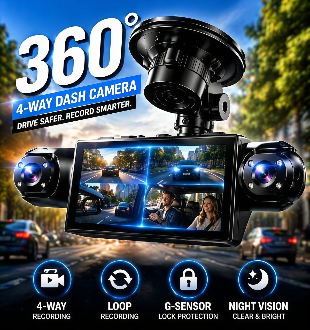 🚗 4-Camera Dash Cam System –📹 1080P Multi-Angle Driving Recorder