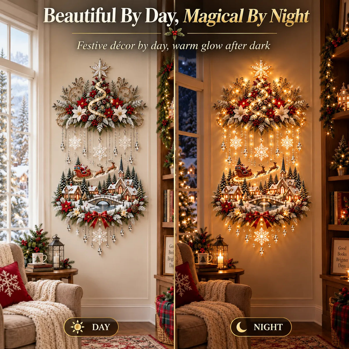 🎄 Enchanted Christmas Village Wall Decor with Cascading Warm Lights ✨ Cozy Holiday Tree Display for Living Rooms, Entryways & Staircases