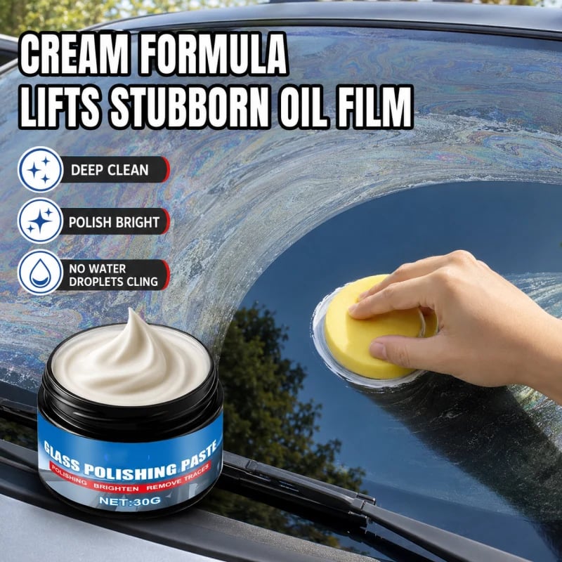 💯🔥50% OFF🔥 Car Glass Oil Film Remover – Eliminates Glare & Wiper Smears, Repels Rain, Works on All Glass – Sponge Included! 🚗