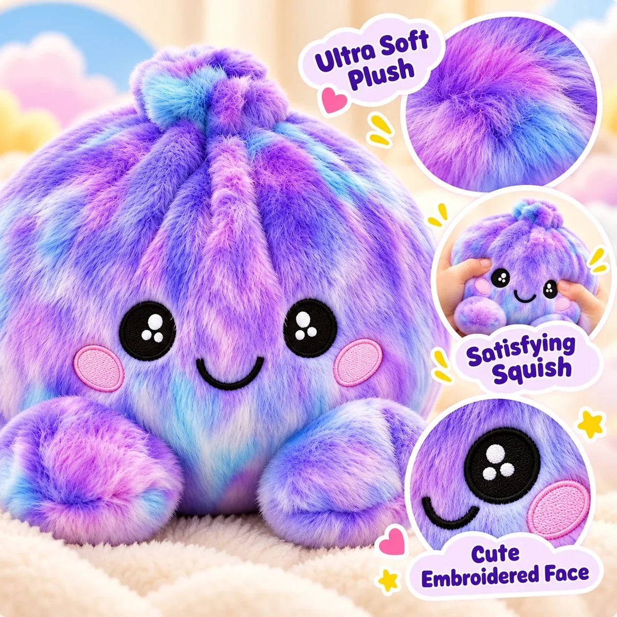 🌈🥟 Rainbow Dumpling Plush Set – 8 Colorful Squishies in a Cute Steamer Basket