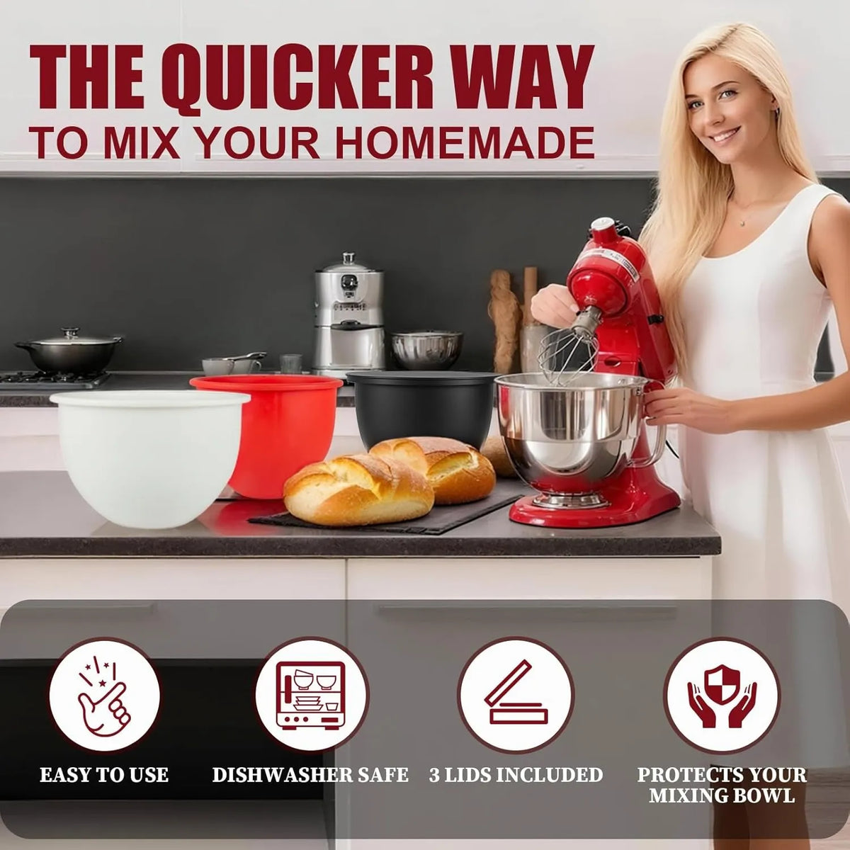 🥣 Food-Grade Silicone Mixer Bowl Liner – Reusable Kitchen Accessory in Red