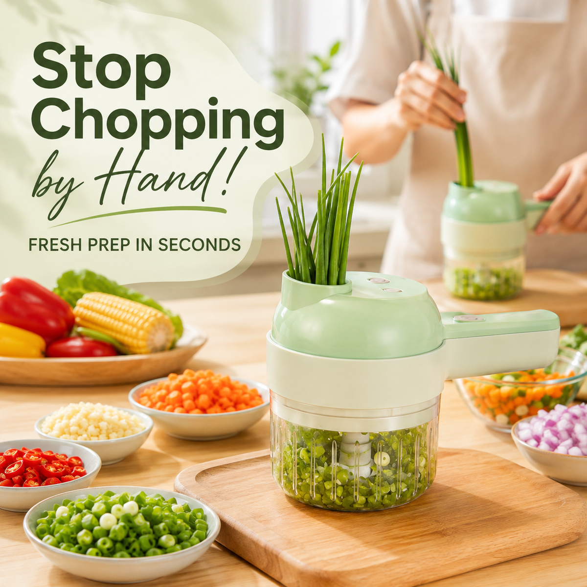 🧄 PrepPro 4-in-1 Handheld Electric Food Chopper – Slice, Mince, Peel & Self-Clean in Seconds