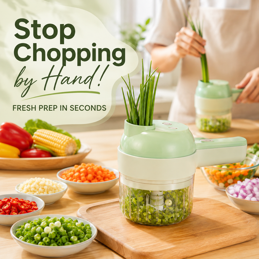 🧄 PrepPro 4-in-1 Handheld Electric Food Chopper – Slice, Mince, Peel & Self-Clean in Seconds