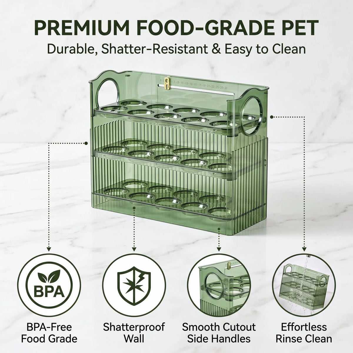 🥚 30-Egg Fridge Keeper – Clear Stackable Storage Tray with Protective Lid, Green