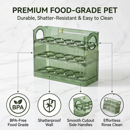 🥚 30-Egg Fridge Keeper – Clear Stackable Storage Tray with Protective Lid, Green