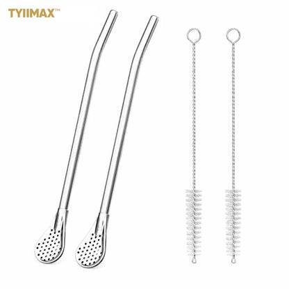 2-in-1 Stainless Steel Straw Spoons 🥄 – 2 Straws & 2 Cleaning Brushes