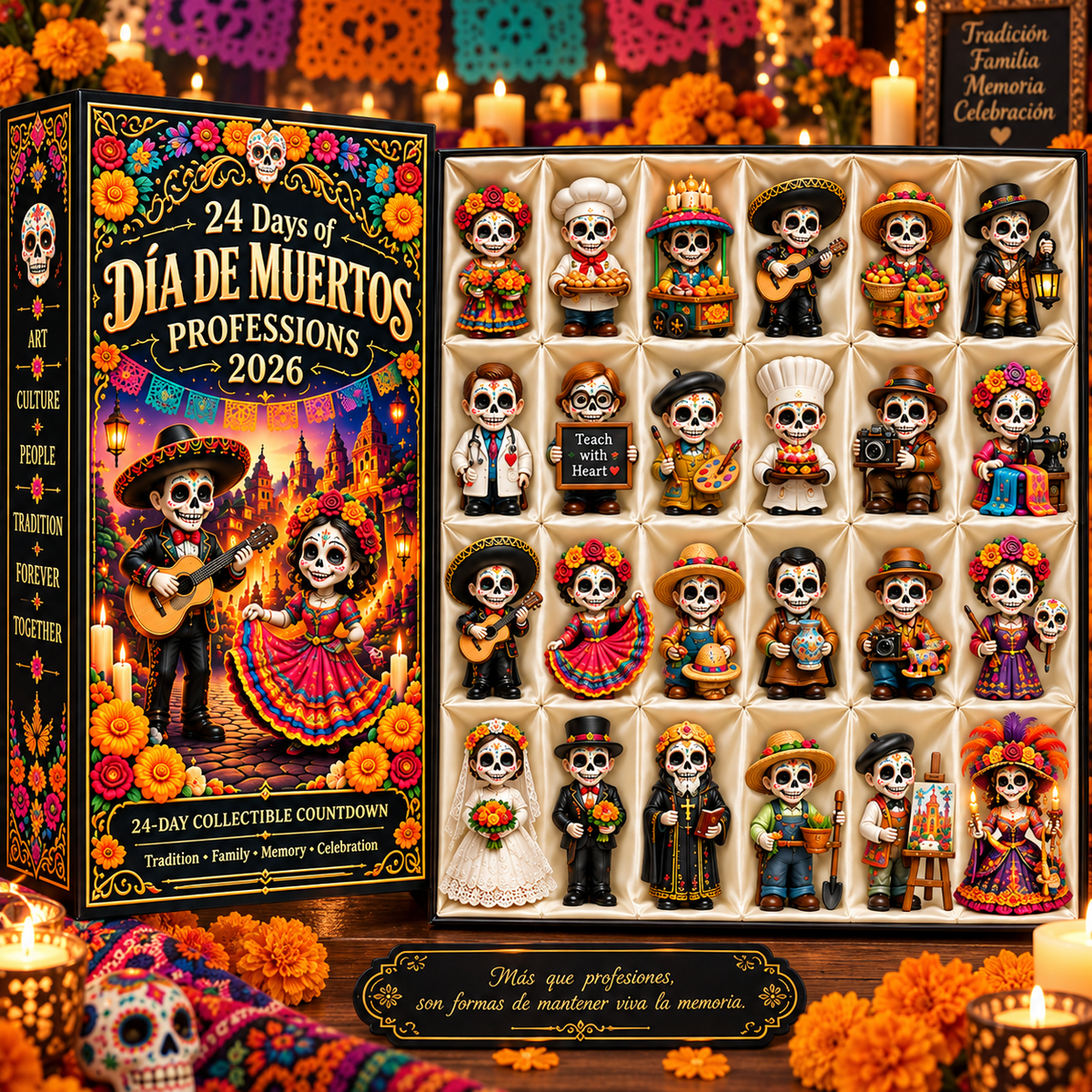 Día de Muertos professions countdown calendar presented as a collectible gift