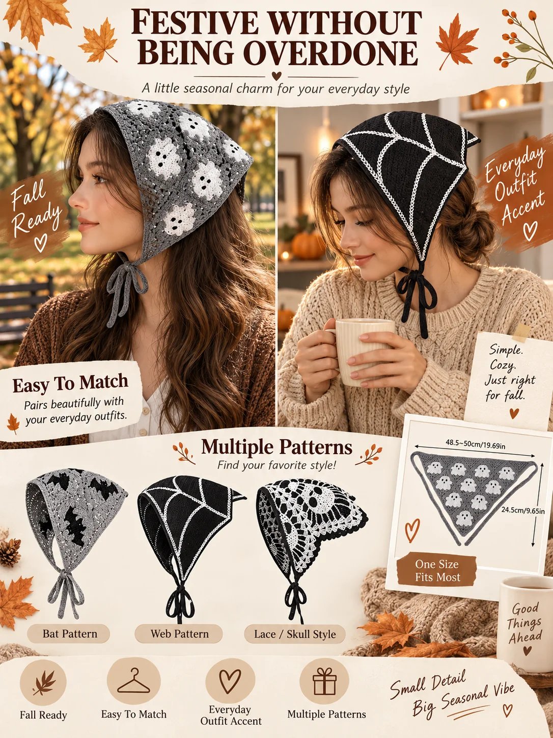 🔥HOT SALE🔥🎃 Halloween Style Deal – Boho Ghost Print Head Scarf 👻 Cute Seasonal Hair Accessory for Festive Looks 🦇