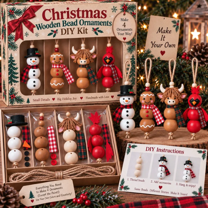 🎄 Christmas Wooden Bead Ornament DIY Kit – Set of 4