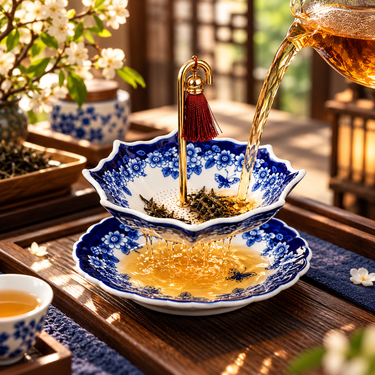 Umbrella-Shaped Porcelain Tea Infuser – Elegant Ceramic Tea Strainer with Decorative Saucer