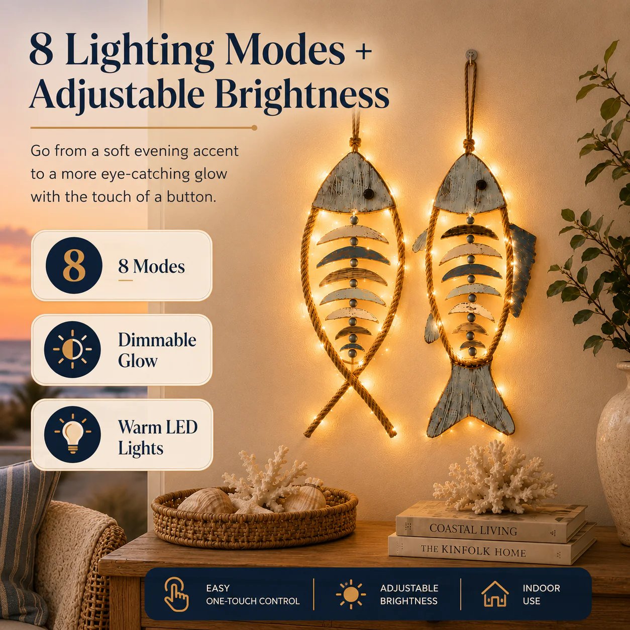 🐟✨ Lighted Coastal Rope Fish Wall Hanging