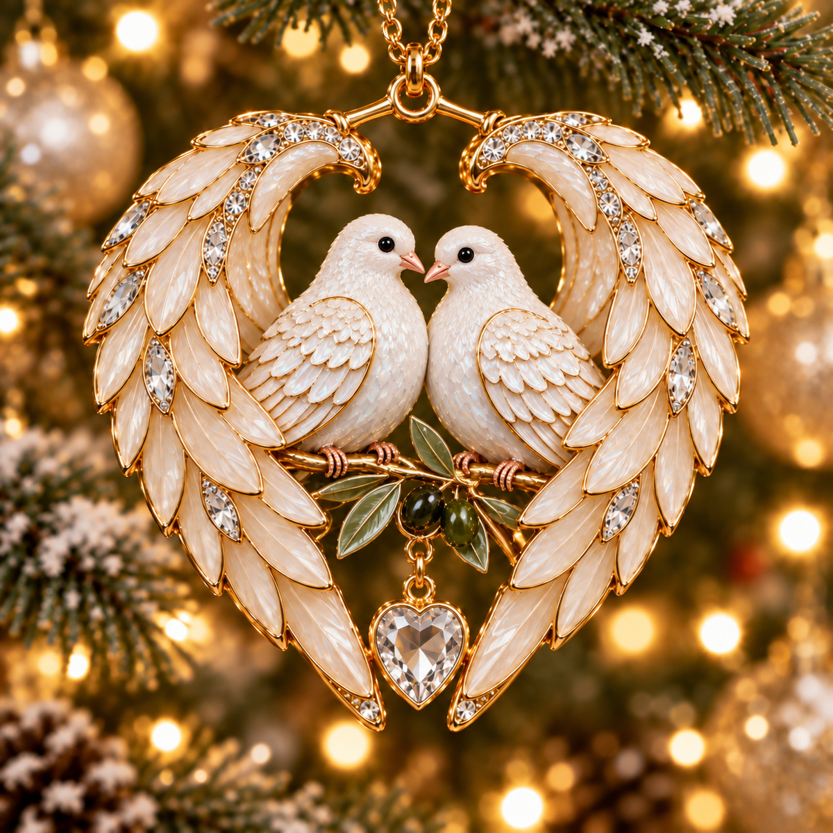Dove Pair and Olive Branch angel wing heart Christmas ornament