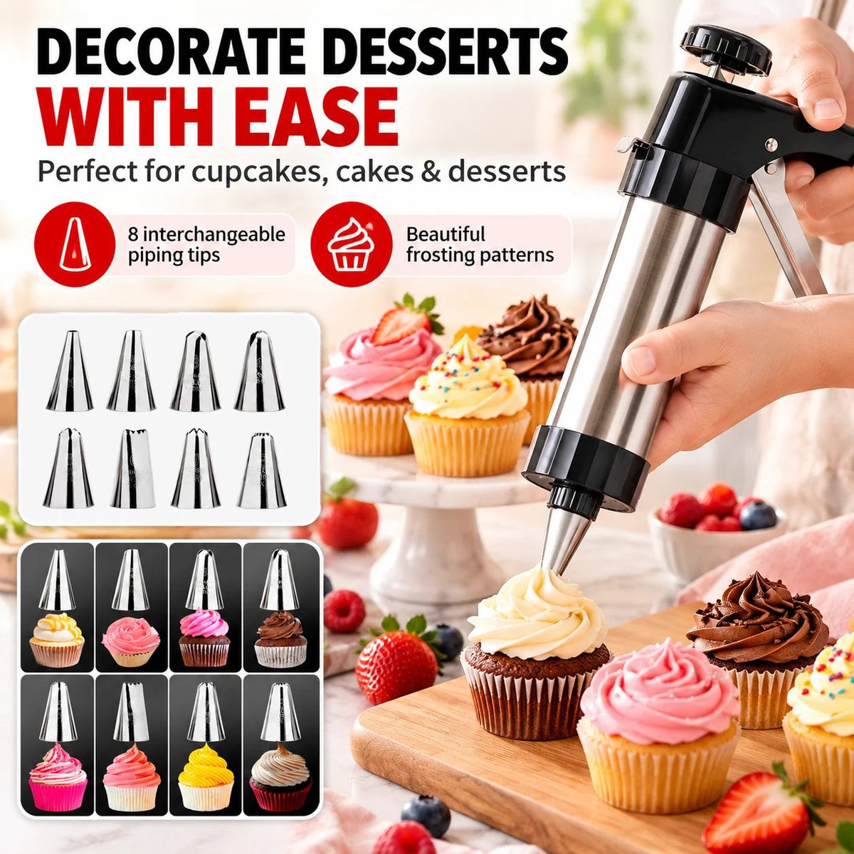 🍪 Stainless Steel Cookie Press – 13 Discs & 8 Decorating Tips