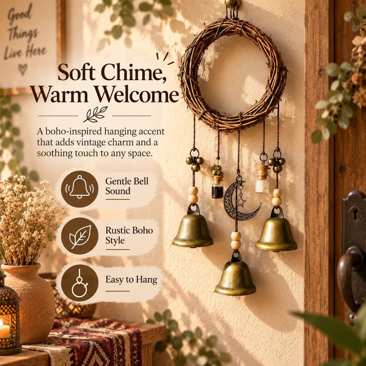Boho Moon & Bell Hanging Decor – Rustic Bronze Wall & Door Charm