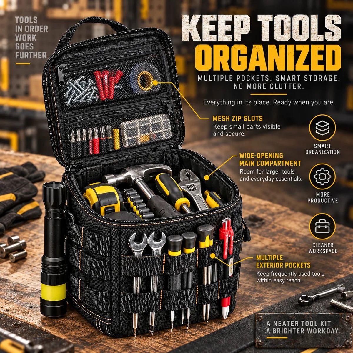 🛠️ Jobsite-Ready Waterproof Tool Carryall – Rugged Oxford Organizer with Multiple Pockets and Padded Shoulder Strap, Black