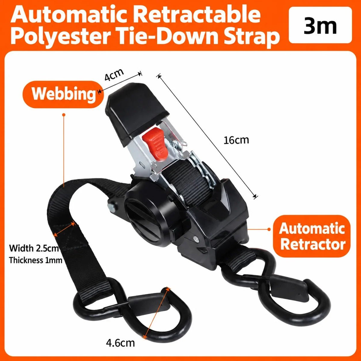🚙 Retractable Cargo Tie-Down Straps – 2.5cm × 3m Orange