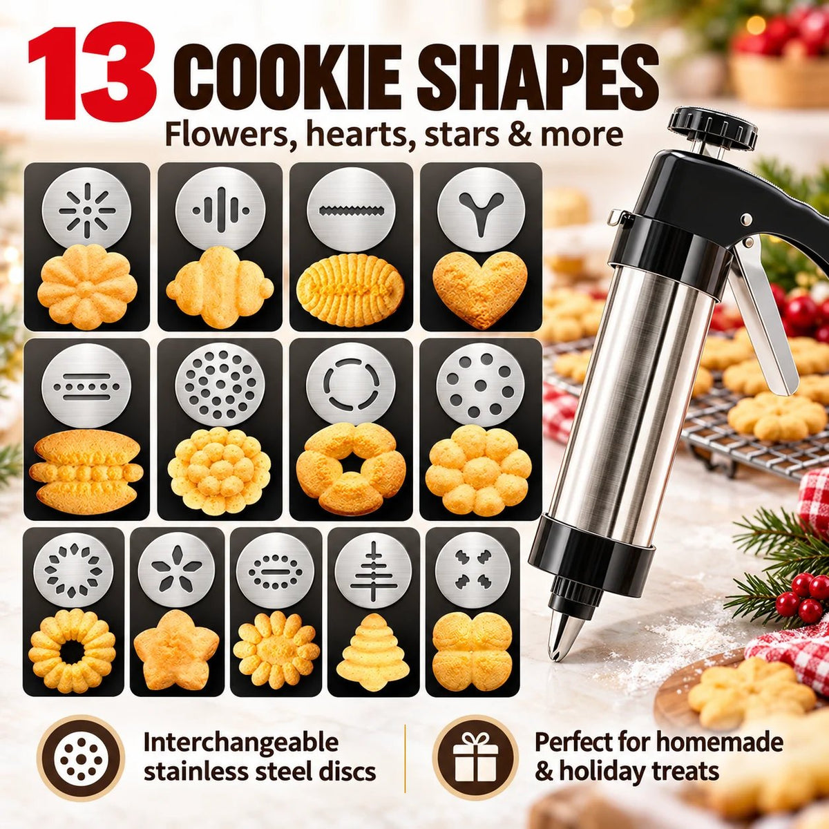 🍪 Stainless Steel Cookie Press – 13 Discs & 8 Decorating Tips