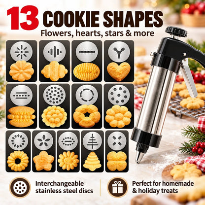 🍪 Stainless Steel Cookie Press – 13 Discs & 8 Decorating Tips