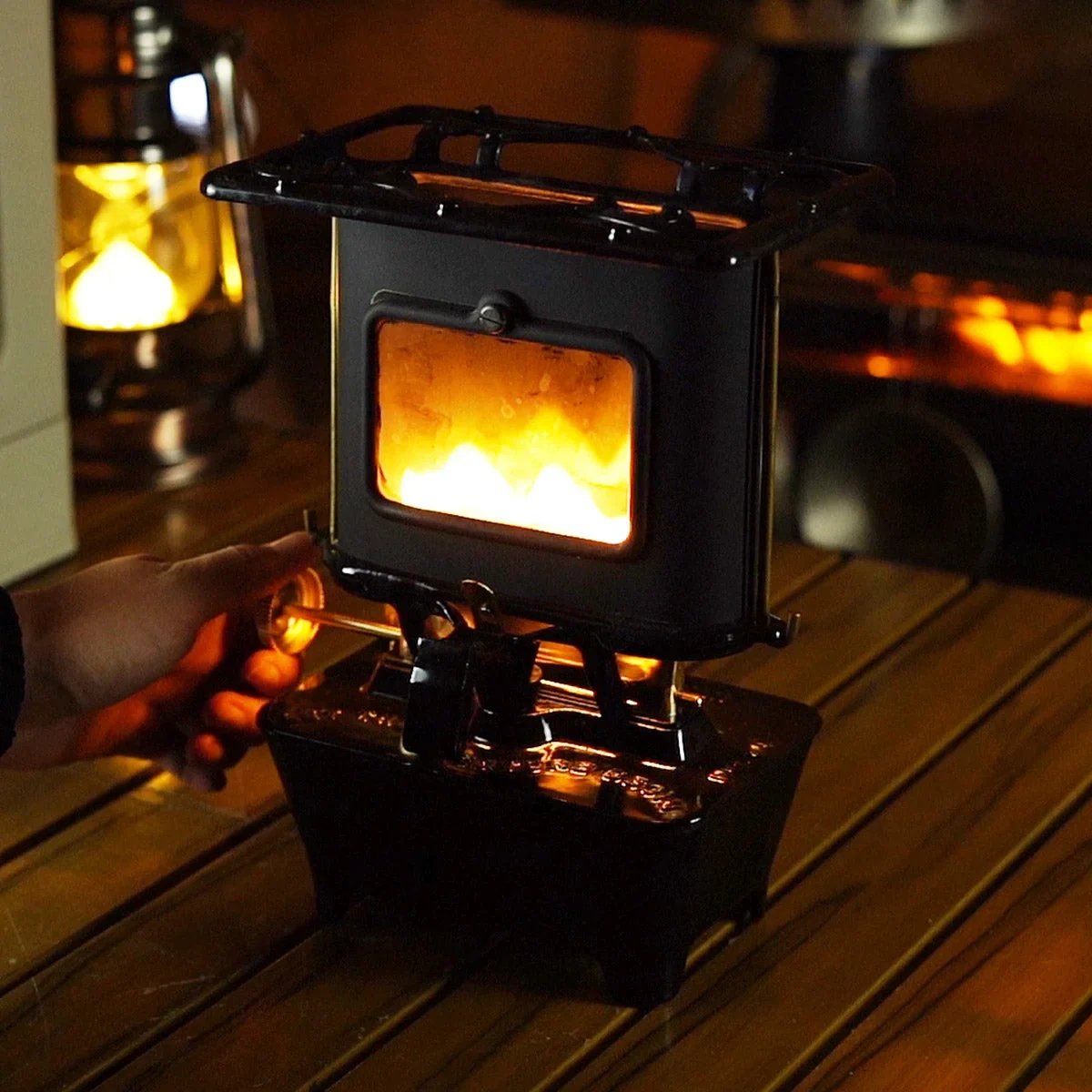 🏕️ Portable Cast Iron Camping Stove – Outdoor Cooker with Viewing Windows