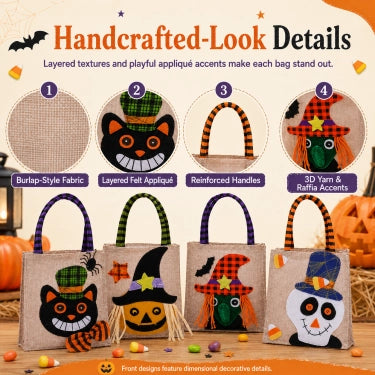 Whimsical Halloween Trick-or-Treat Bags, Set of 4