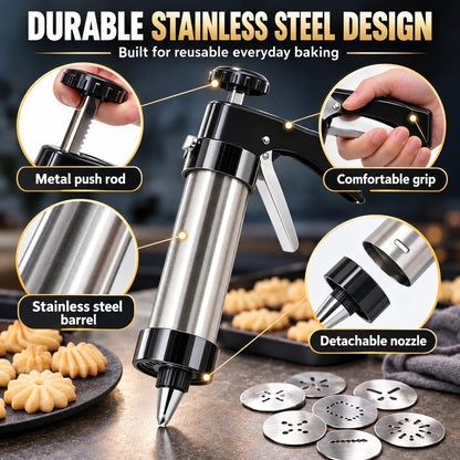 🍪 Stainless Steel Cookie Press – 13 Discs & 8 Decorating Tips