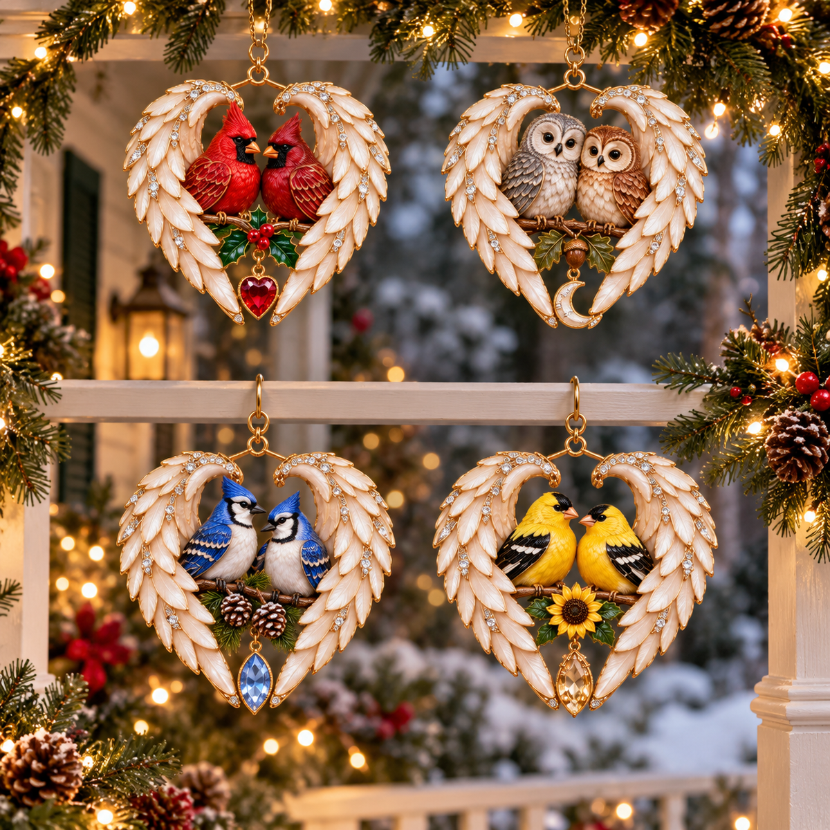 Four angel-wing heart bird-pair ornaments hanging together for Christmas
