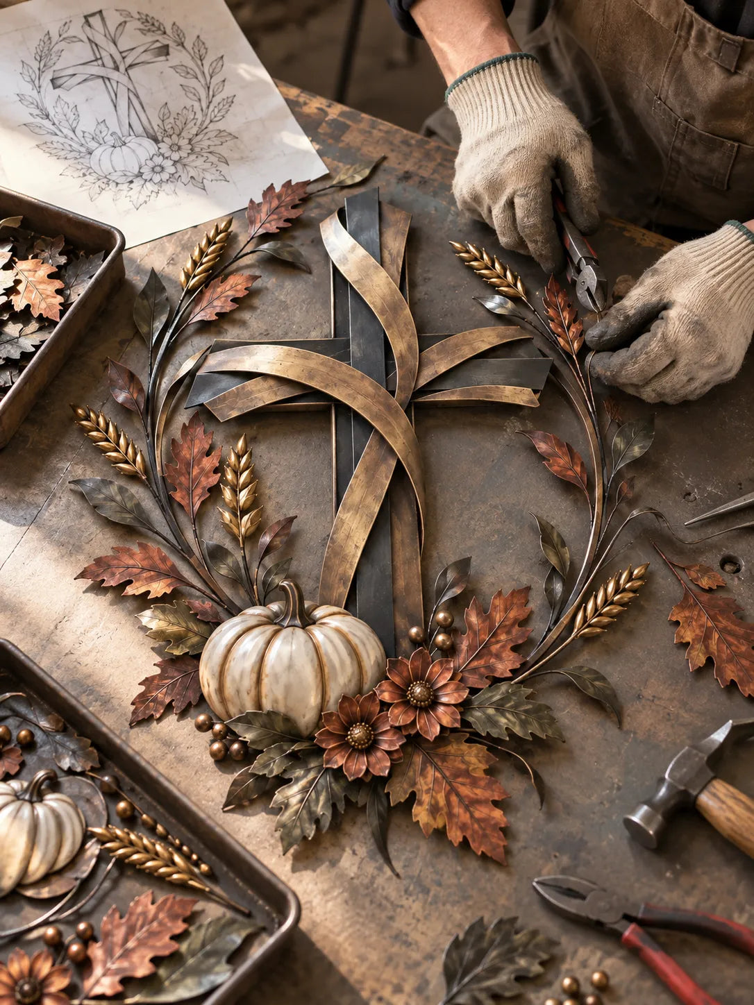✝️🍂Autumn Cross & Pumpkin Harvest Metal Wall Decor