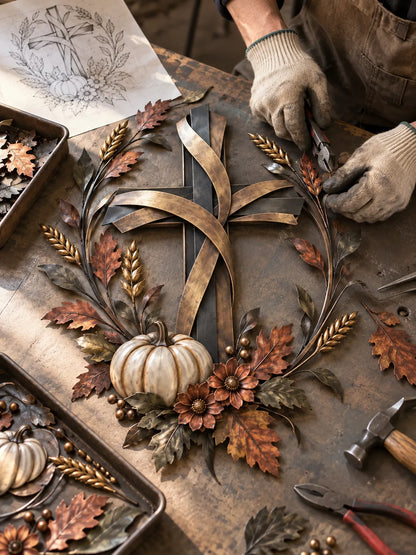 ✝️🍂Autumn Cross & Pumpkin Harvest Metal Wall Decor