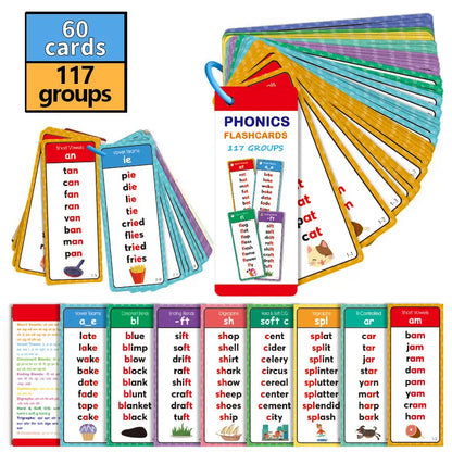 🌟 Phonics Flash Cards for Preschoolers, 117 Sound Families and 900+ Rhyming Words for Fun Early Reading Practice – 1 Set