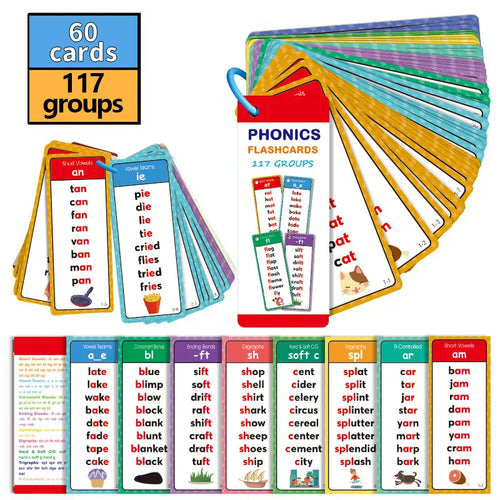 🌟 Phonics Flash Cards for Preschoolers, 117 Sound Families and 900+ Rhyming Words for Fun Early Reading Practice – 1 Set