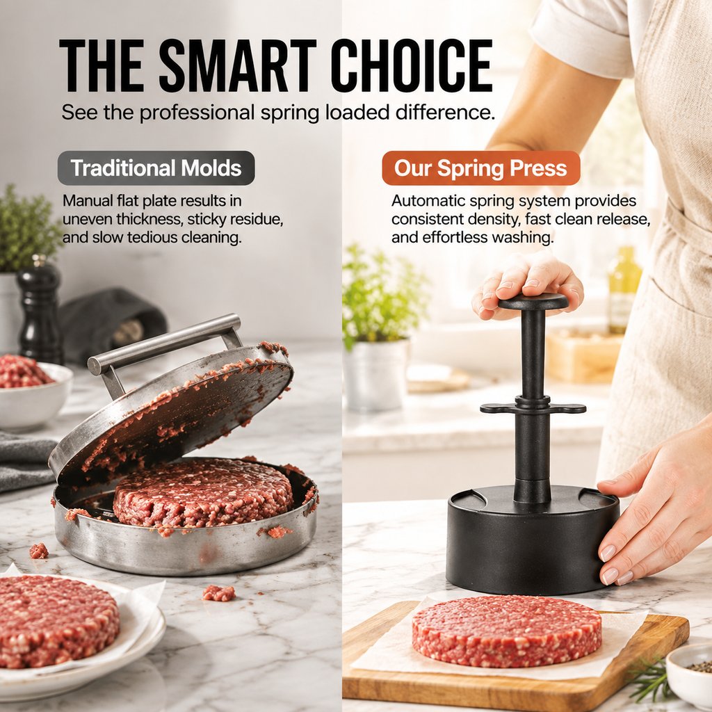 🍔 Spring-Loaded Burger Press – Easy Patty Maker for Beef, Shrimp & More