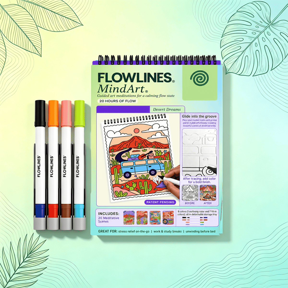 🌿  Guided Flow Art Coloring Pad with Double-Sided Markers 🎨